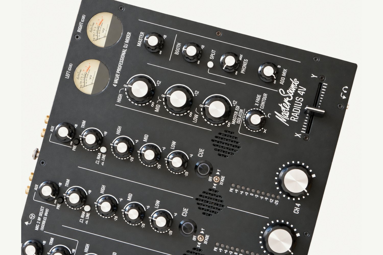 Detalle de la MasterSounds Radius 4V: vúmetros, aislador de tres bandas y potenciómetros de canal